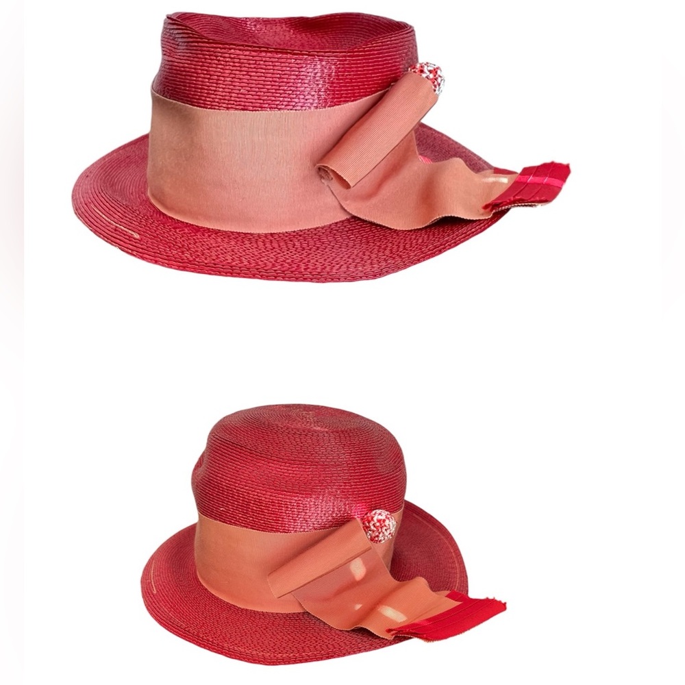Vintage Mid Century Red Straw Hat Wide Brim Wide Ribbon Band Wear Two Ways Derby